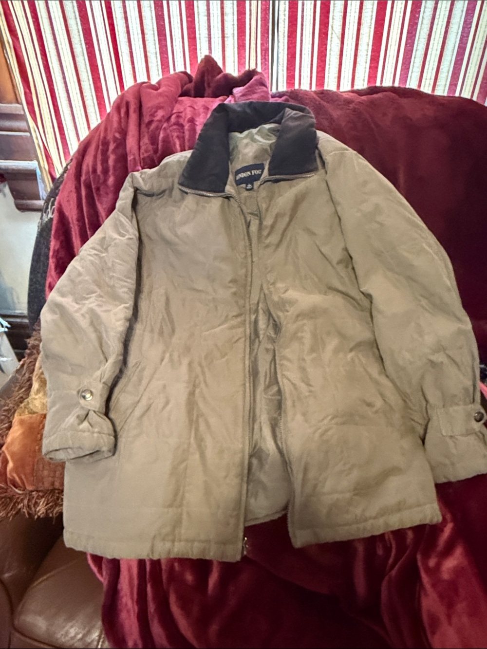 London Fog Taupe Puffer Jacket with Dark Contrast Collar